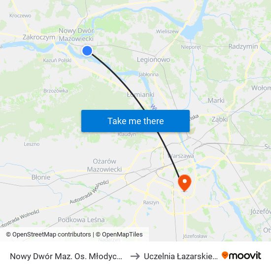 Nowy Dwór Maz. Os. Młodych 01 to Uczelnia Łazarskiego map