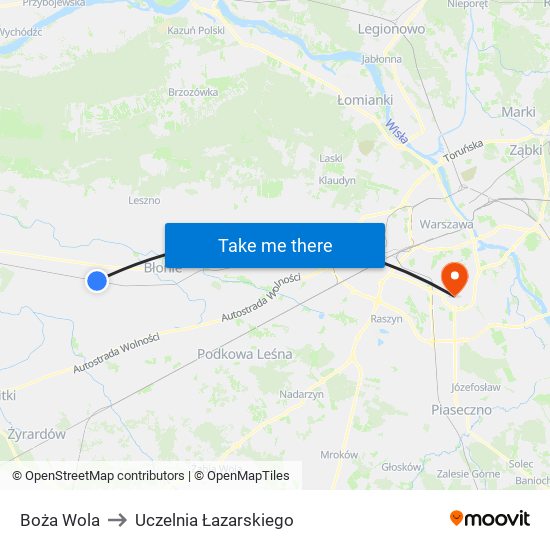 Boża Wola to Uczelnia Łazarskiego map