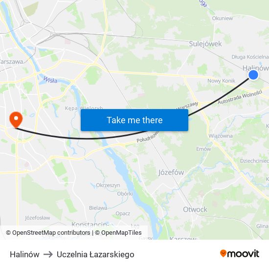 Halinów to Uczelnia Łazarskiego map