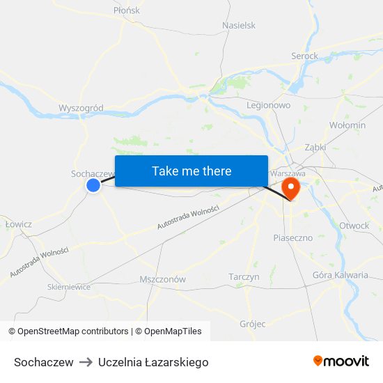 Sochaczew to Uczelnia Łazarskiego map