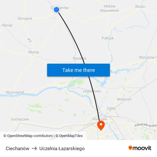 Ciechanów to Uczelnia Łazarskiego map