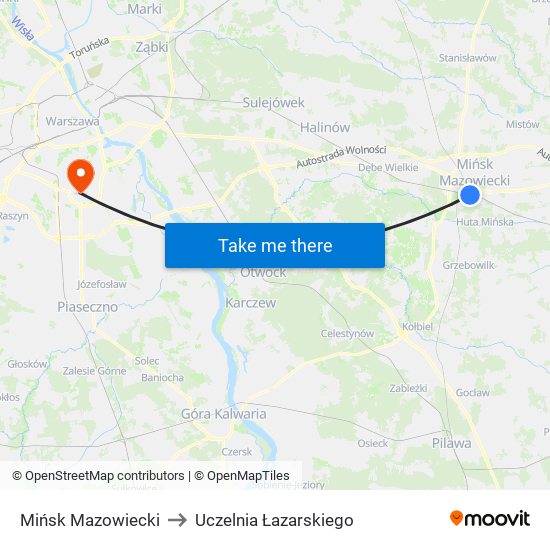 Mińsk Mazowiecki to Uczelnia Łazarskiego map