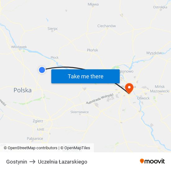 Gostynin to Uczelnia Łazarskiego map