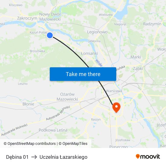 Dębina 01 to Uczelnia Łazarskiego map