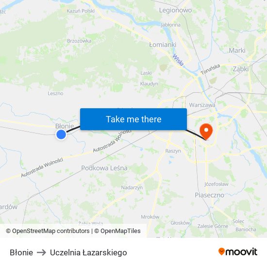 Błonie to Uczelnia Łazarskiego map