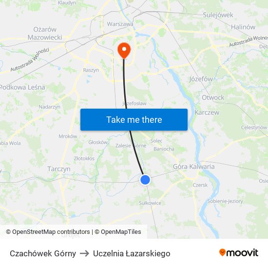 Czachówek Górny to Uczelnia Łazarskiego map