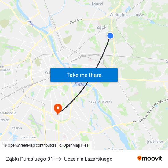 Ząbki Pułaskiego 01 to Uczelnia Łazarskiego map