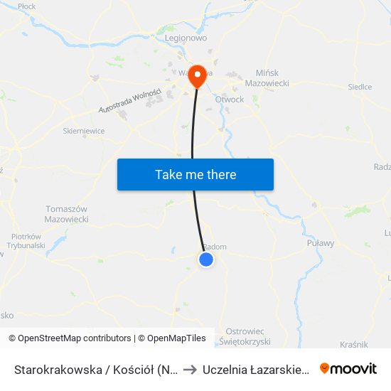 Starokrakowska / Kościół (Nż) to Uczelnia Łazarskiego map