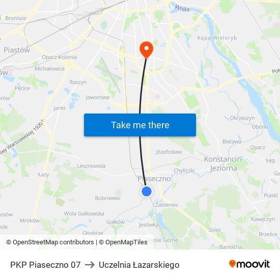 PKP Piaseczno to Uczelnia Łazarskiego map