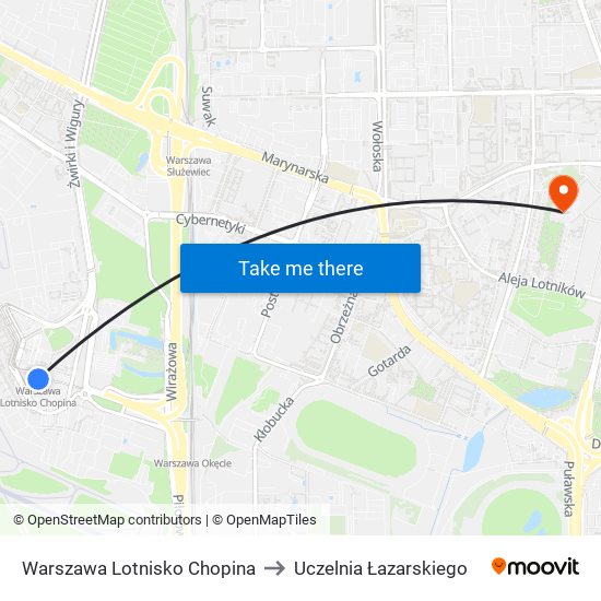 Warszawa Lotnisko Chopina to Uczelnia Łazarskiego map