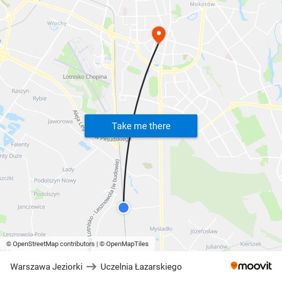 Warszawa Jeziorki to Uczelnia Łazarskiego map