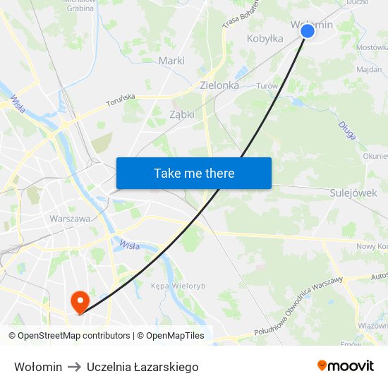 Wołomin to Uczelnia Łazarskiego map