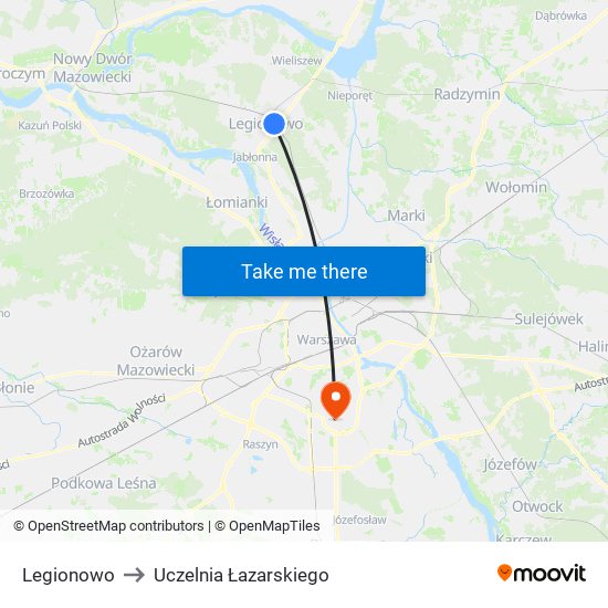 Legionowo to Uczelnia Łazarskiego map