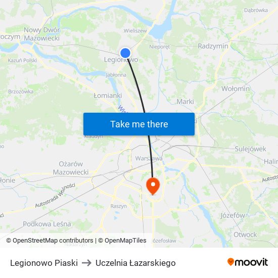 Legionowo Piaski to Uczelnia Łazarskiego map