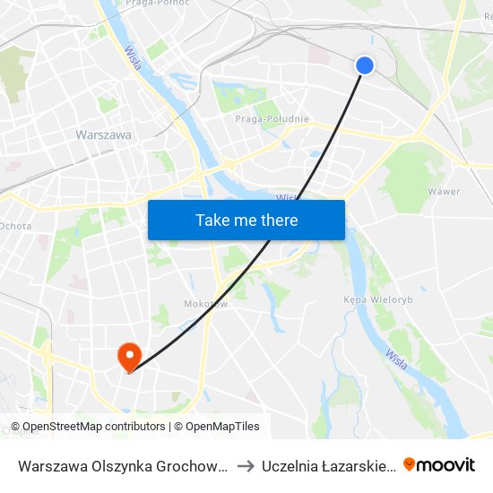 Warszawa Olszynka Grochowska to Uczelnia Łazarskiego map