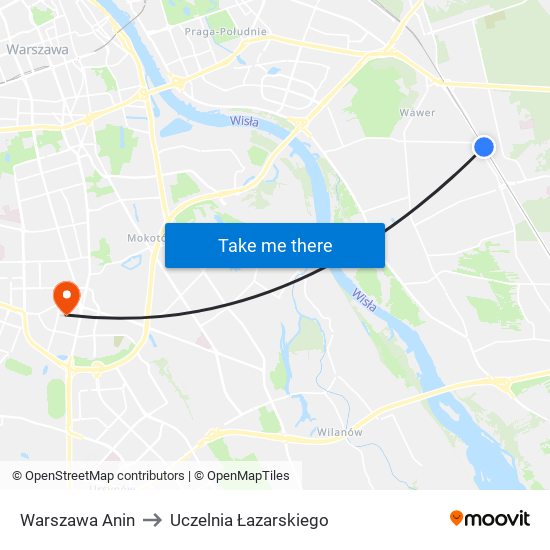Warszawa Anin to Uczelnia Łazarskiego map
