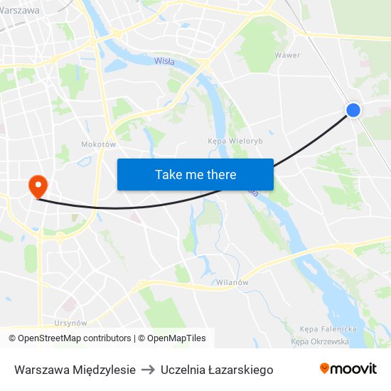 Warszawa Międzylesie to Uczelnia Łazarskiego map