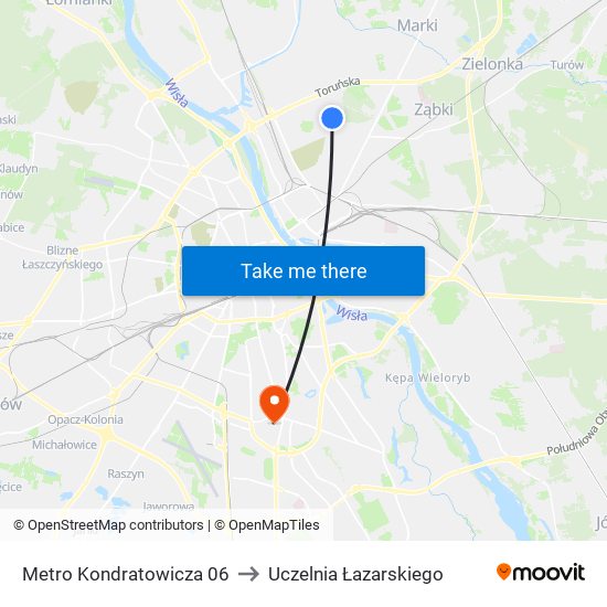 Metro Kondratowicza 06 to Uczelnia Łazarskiego map