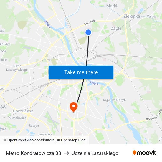 Metro Kondratowicza 08 to Uczelnia Łazarskiego map