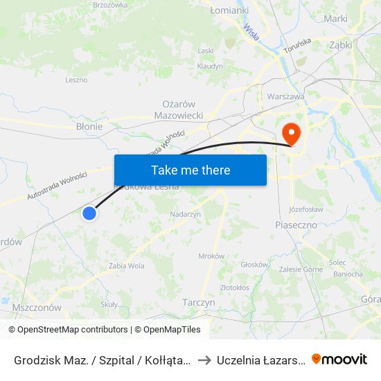 Grodzisk Maz. / Szpital / Kołłątaja 01 (Nż) to Uczelnia Łazarskiego map