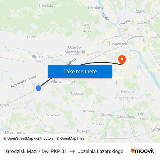 Grodzisk Maz. / Dw. PKP to Uczelnia Łazarskiego map