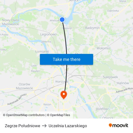 Zegrze Południowe to Uczelnia Łazarskiego map