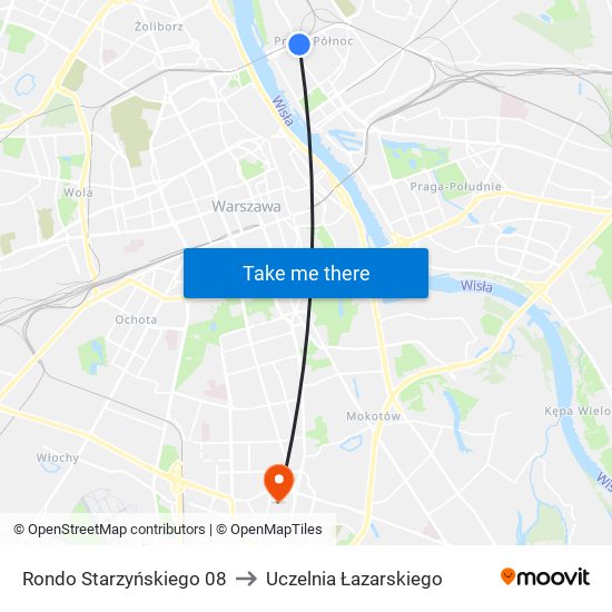 Rondo Starzyńskiego to Uczelnia Łazarskiego map