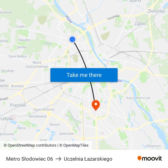 Metro Słodowiec to Uczelnia Łazarskiego map