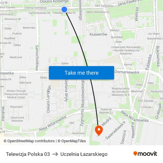 Telewizja Polska 03 to Uczelnia Łazarskiego map