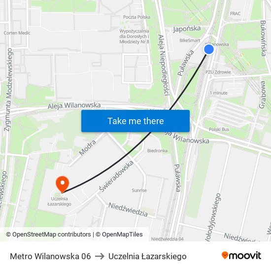 Metro Wilanowska 06 to Uczelnia Łazarskiego map