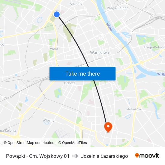 Powązki - Cm. Wojskowy 01 to Uczelnia Łazarskiego map