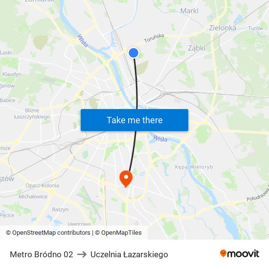 Metro Bródno 02 to Uczelnia Łazarskiego map