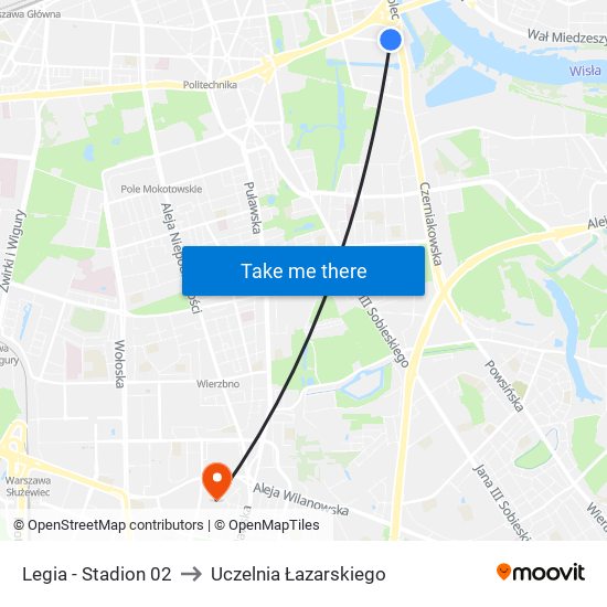 Legia - Stadion 02 to Uczelnia Łazarskiego map