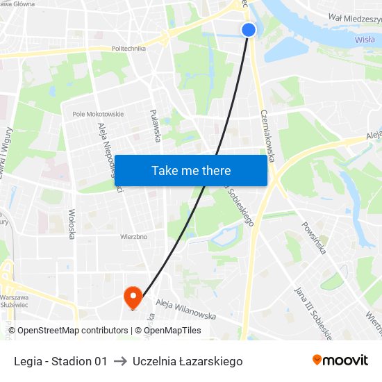 Legia-Stadion to Uczelnia Łazarskiego map