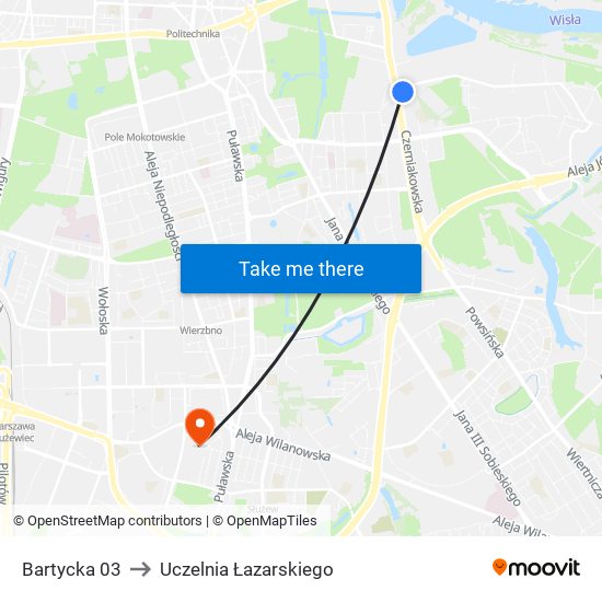 Bartycka 03 to Uczelnia Łazarskiego map