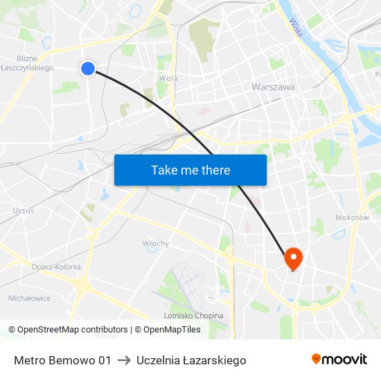 Metro Bemowo to Uczelnia Łazarskiego map