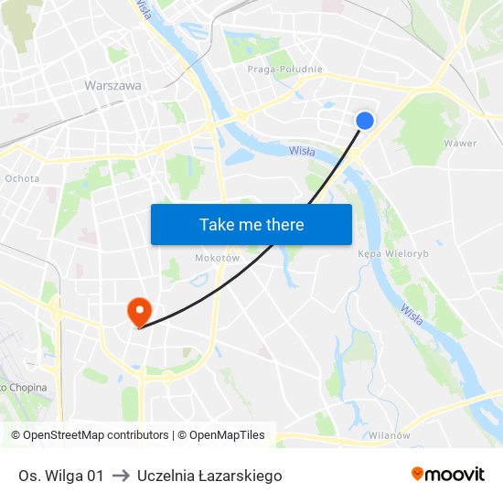 Os. Wilga 01 to Uczelnia Łazarskiego map