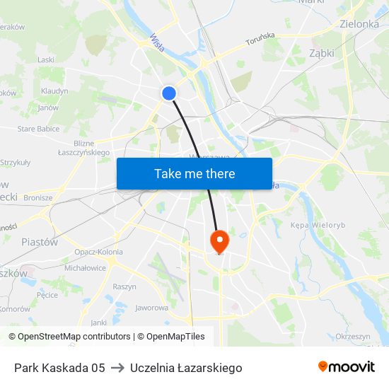 Park Kaskada 05 to Uczelnia Łazarskiego map