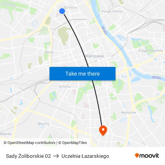 Sady Żoliborskie 02 to Uczelnia Łazarskiego map