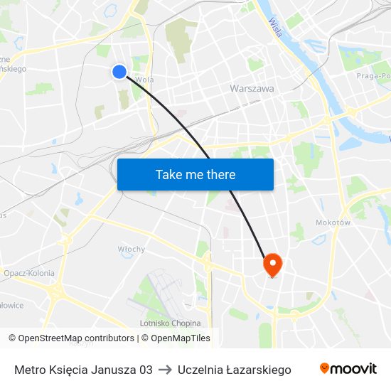 Metro Księcia Janusza to Uczelnia Łazarskiego map