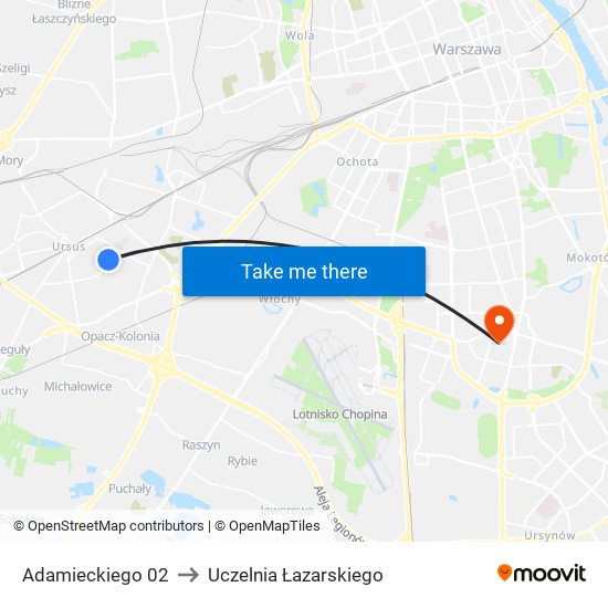 Adamieckiego 02 to Uczelnia Łazarskiego map
