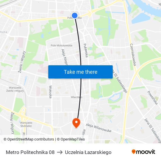 Metro Politechnika 08 to Uczelnia Łazarskiego map