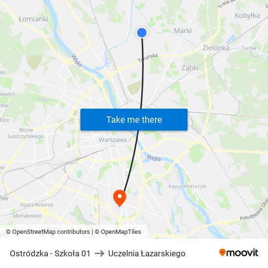 Ostródzka - Szkoła 01 to Uczelnia Łazarskiego map