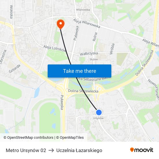 Metro Ursynów to Uczelnia Łazarskiego map