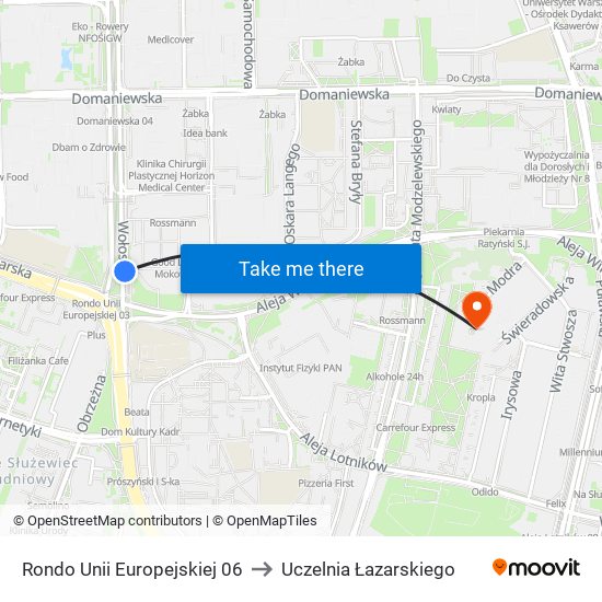 Rondo Unii Europejskiej to Uczelnia Łazarskiego map