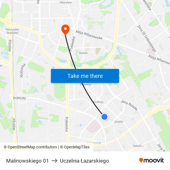 Malinowskiego to Uczelnia Łazarskiego map