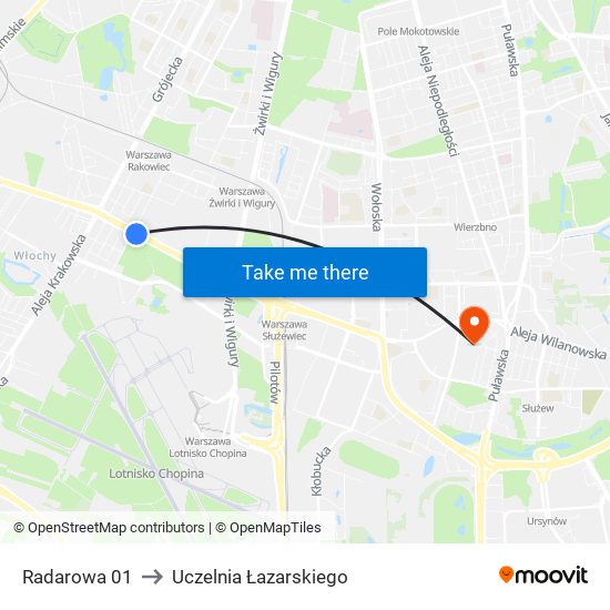 Radarowa 01 to Uczelnia Łazarskiego map