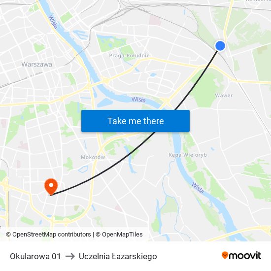 Okularowa 01 to Uczelnia Łazarskiego map