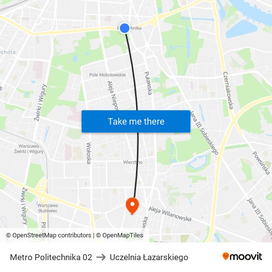 Metro Politechnika 02 to Uczelnia Łazarskiego map