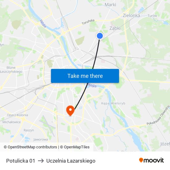 Potulicka 01 to Uczelnia Łazarskiego map